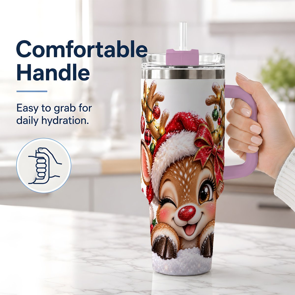 #pl[40oz|Pink] Winking Reindeer Tumbler 40oz, Christmas Lights Artwork