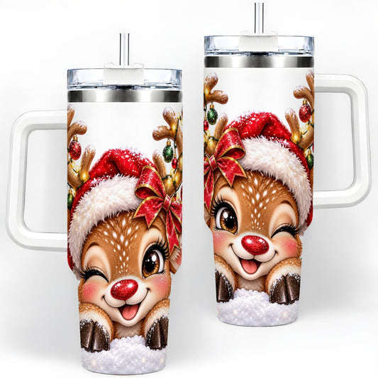 Winking Reindeer Tumbler 40oz, Christmas Lights Artwork
