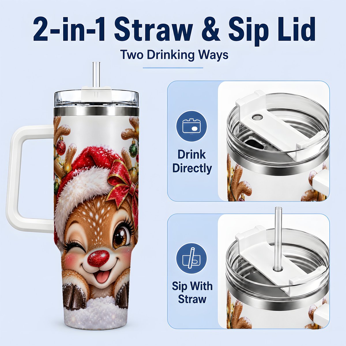 #pl[40oz|White] Winking Reindeer Tumbler 40oz, Christmas Lights Artwork