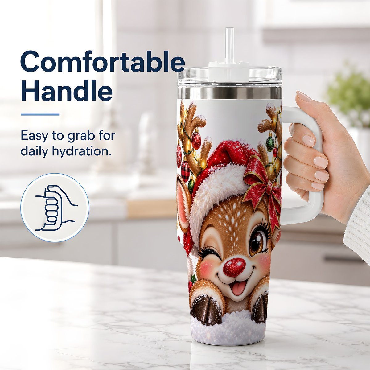 #pl[40oz|White] Winking Reindeer Tumbler 40oz, Christmas Lights Artwork