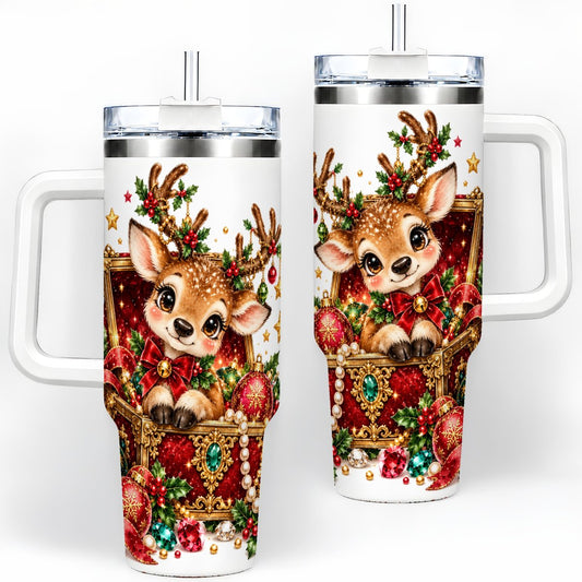 Christmas Fawn Tumbler 40oz, Gold and Red Ornament Artwork