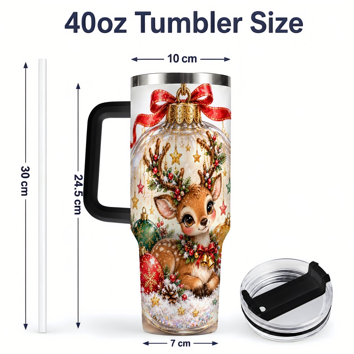 #pl[40oz|Black] Christmas Deer Tumbler 40oz, Glass Bauble-Style Artwork