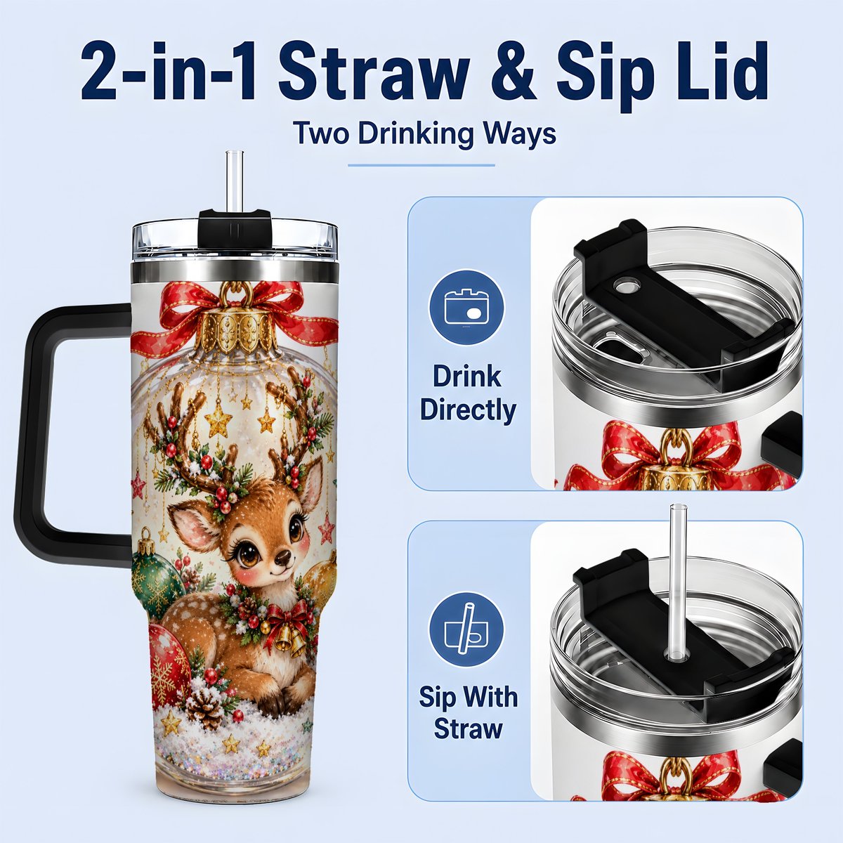 #pl[40oz|Black] Christmas Deer Tumbler 40oz, Glass Bauble-Style Artwork
