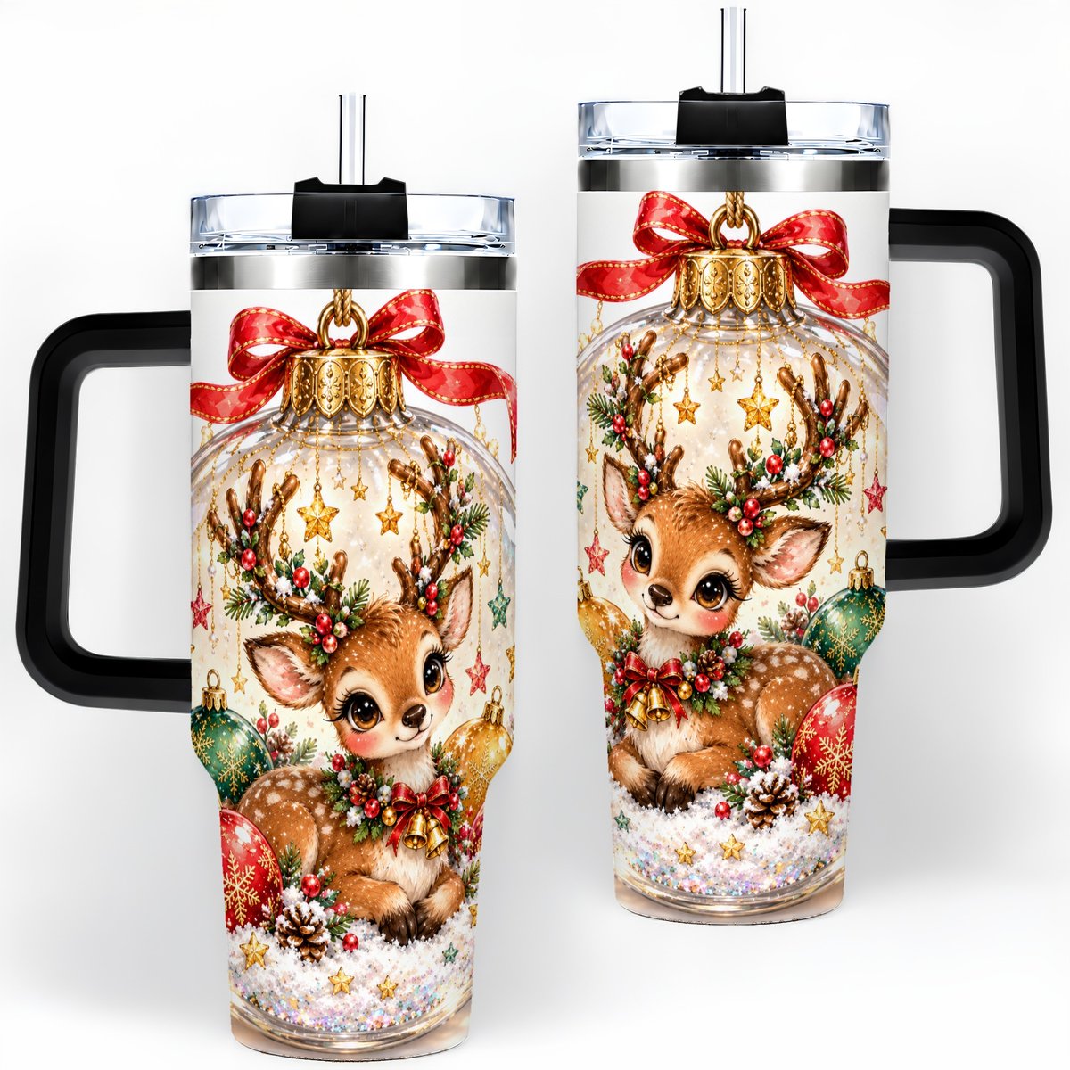#pl[40oz|Black] Christmas Deer Tumbler 40oz, Glass Bauble-Style Artwork