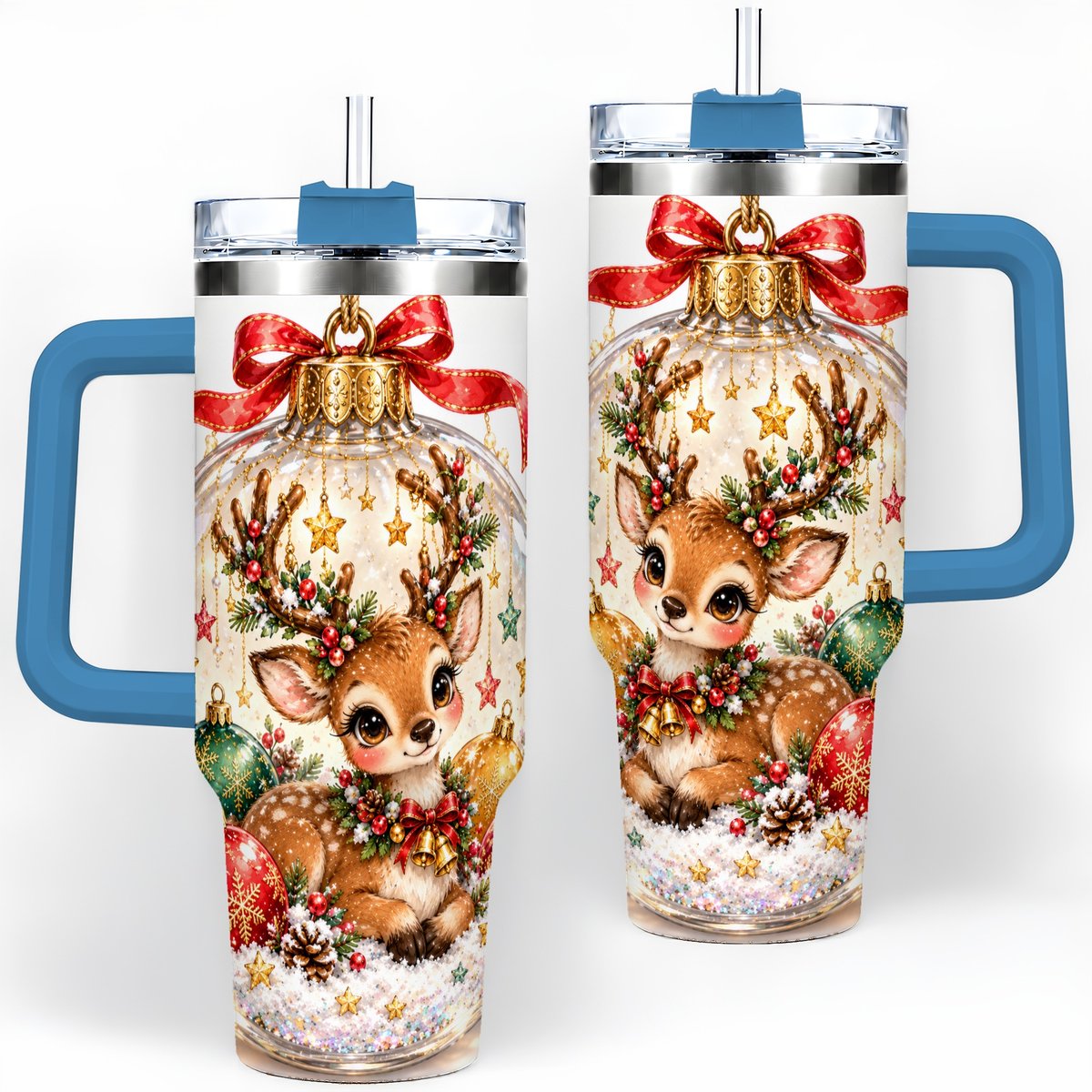 #pl[40oz|Blue] Christmas Deer Tumbler 40oz, Glass Bauble-Style Artwork