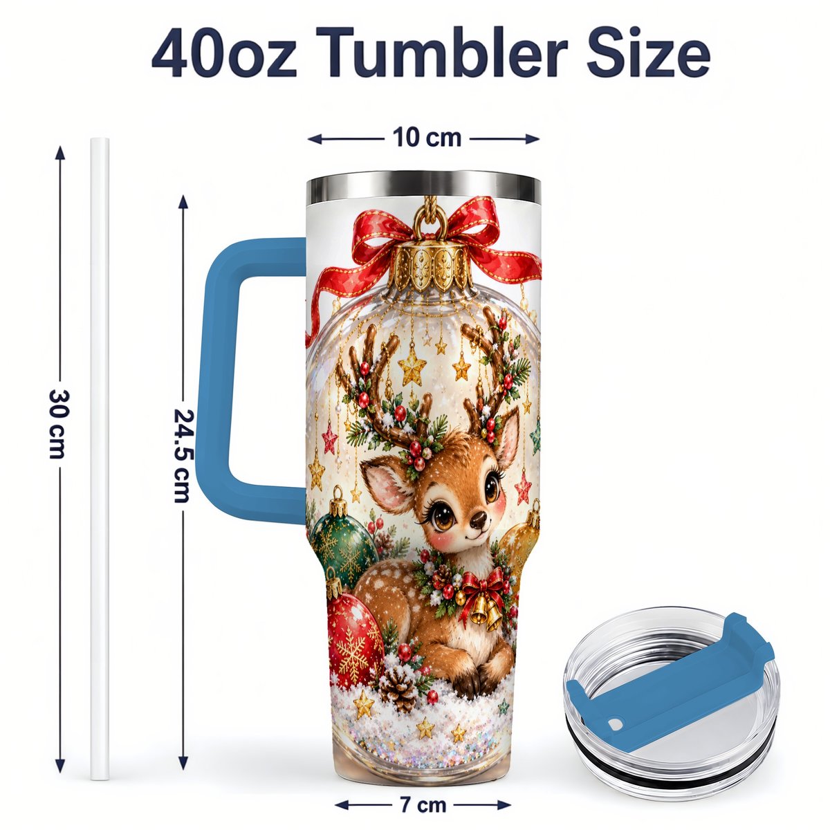 #pl[40oz|Blue] Christmas Deer Tumbler 40oz, Glass Bauble-Style Artwork