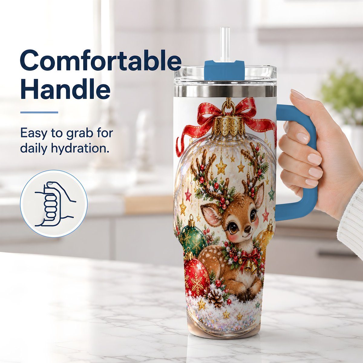 #pl[40oz|Blue] Christmas Deer Tumbler 40oz, Glass Bauble-Style Artwork