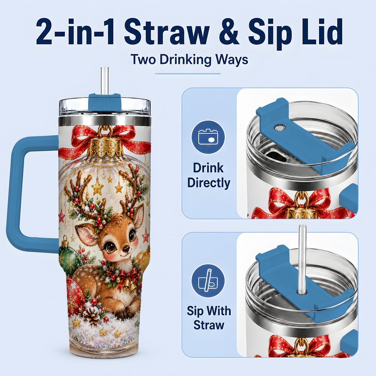 #pl[40oz|Blue] Christmas Deer Tumbler 40oz, Glass Bauble-Style Artwork