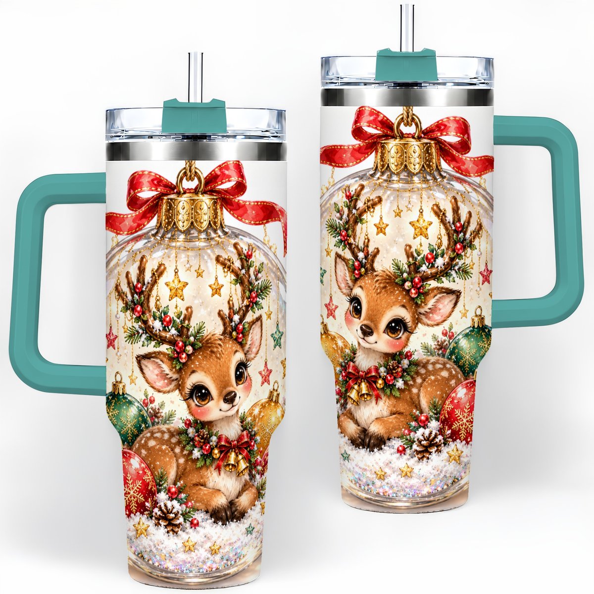 #pl[40oz|Green] Christmas Deer Tumbler 40oz, Glass Bauble-Style Artwork