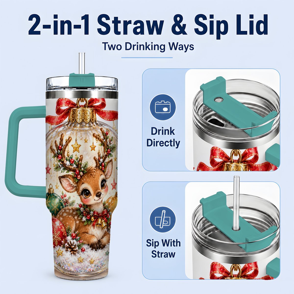 #pl[40oz|Green] Christmas Deer Tumbler 40oz, Glass Bauble-Style Artwork