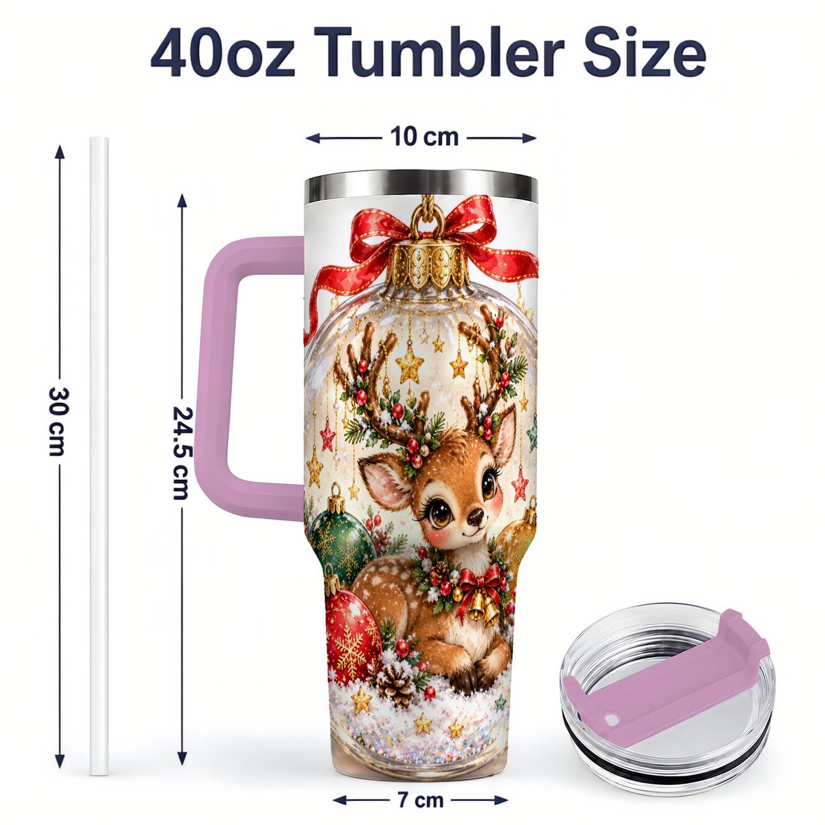 #pl[40oz|Pink] Christmas Deer Tumbler 40oz, Glass Bauble-Style Artwork