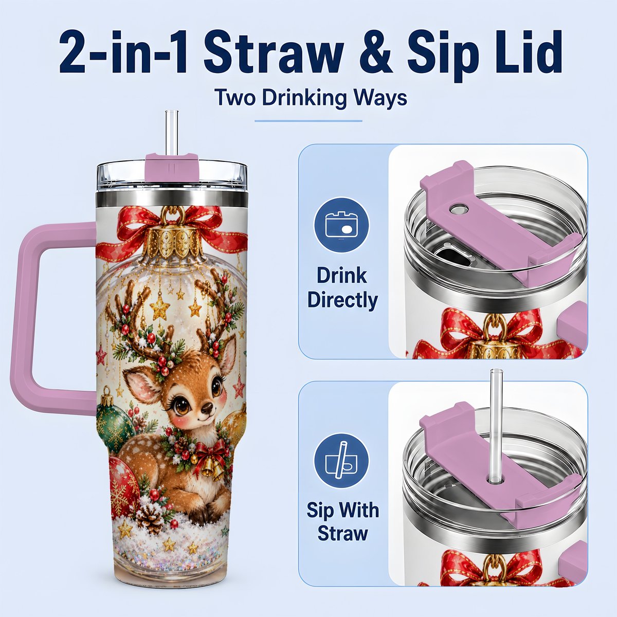#pl[40oz|Pink] Christmas Deer Tumbler 40oz, Glass Bauble-Style Artwork