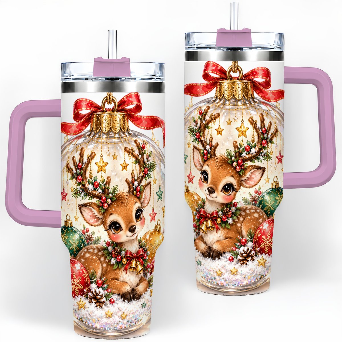 #pl[40oz|Pink] Christmas Deer Tumbler 40oz, Glass Bauble-Style Artwork