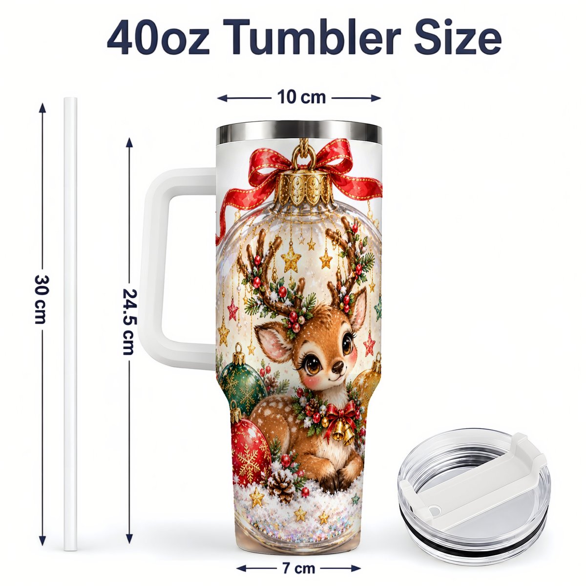 #pl[40oz|White] Christmas Deer Tumbler 40oz, Glass Bauble-Style Artwork