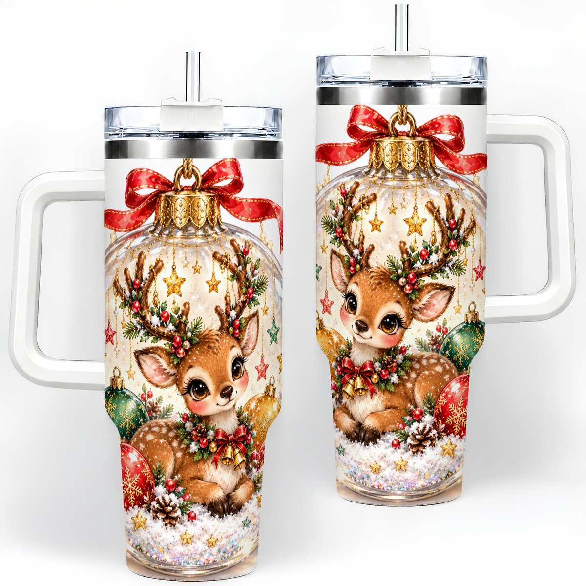 Christmas Deer Tumbler 40oz, Glass Bauble-Style Artwork