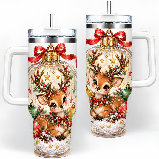 Christmas Deer Tumbler 40oz, Glass Bauble-Style Artwork