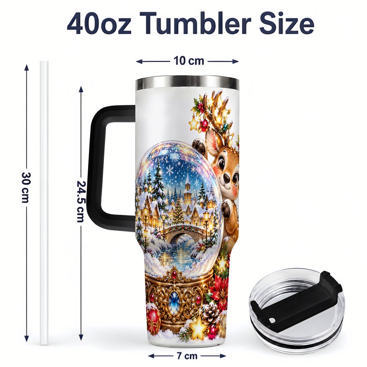 #pl[40oz|Black] Reindeer Snow Globe Tumbler 40oz, Christmas Village Art