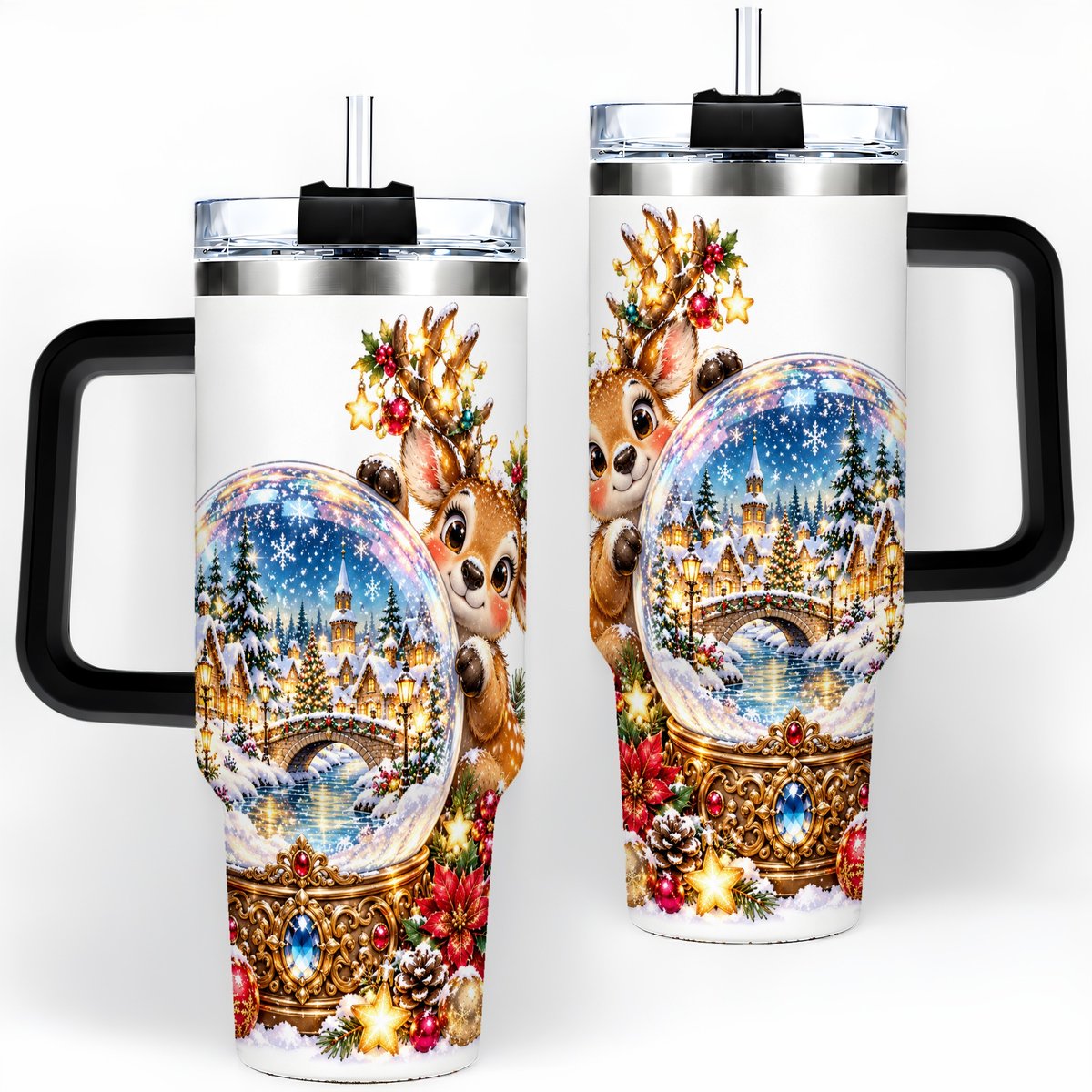 #pl[40oz|Black] Reindeer Snow Globe Tumbler 40oz, Christmas Village Art
