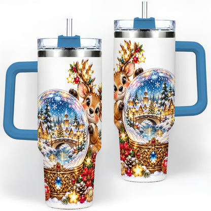 #pl[40oz|Blue] Reindeer Snow Globe Tumbler 40oz, Christmas Village Art