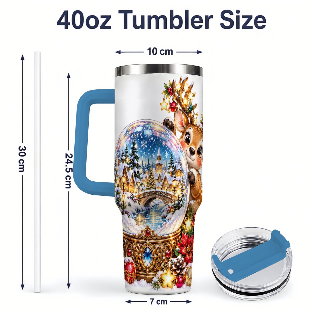 #pl[40oz|Blue] Reindeer Snow Globe Tumbler 40oz, Christmas Village Art