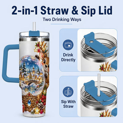 #pl[40oz|Blue] Reindeer Snow Globe Tumbler 40oz, Christmas Village Art