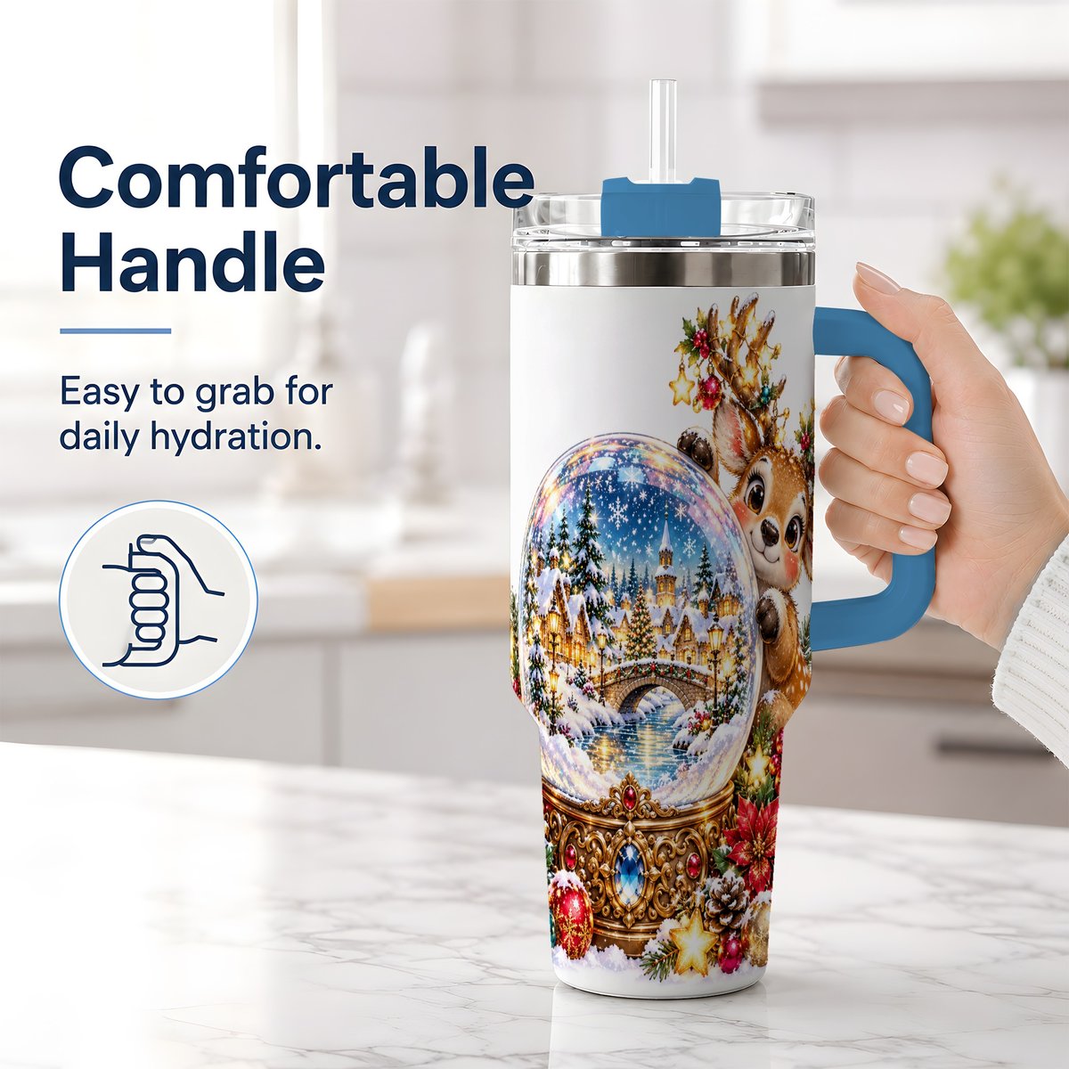 #pl[40oz|Blue] Reindeer Snow Globe Tumbler 40oz, Christmas Village Art