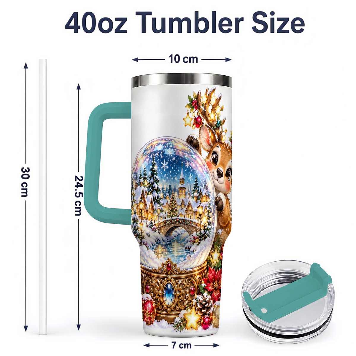 #pl[40oz|Green] Reindeer Snow Globe Tumbler 40oz, Christmas Village Art