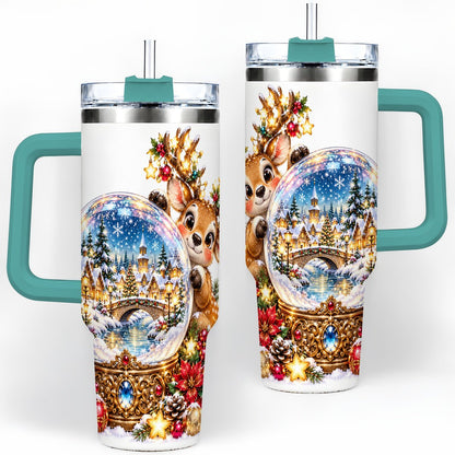 #pl[40oz|Green] Reindeer Snow Globe Tumbler 40oz, Christmas Village Art