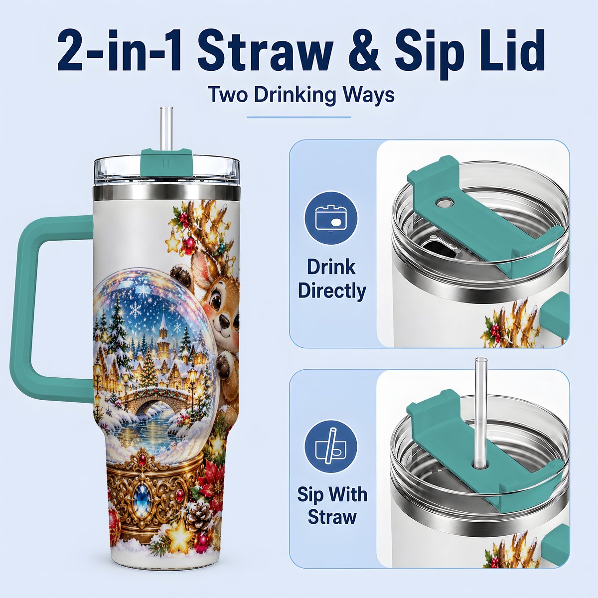 #pl[40oz|Green] Reindeer Snow Globe Tumbler 40oz, Christmas Village Art