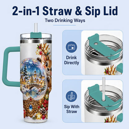 #pl[40oz|Green] Reindeer Snow Globe Tumbler 40oz, Christmas Village Art