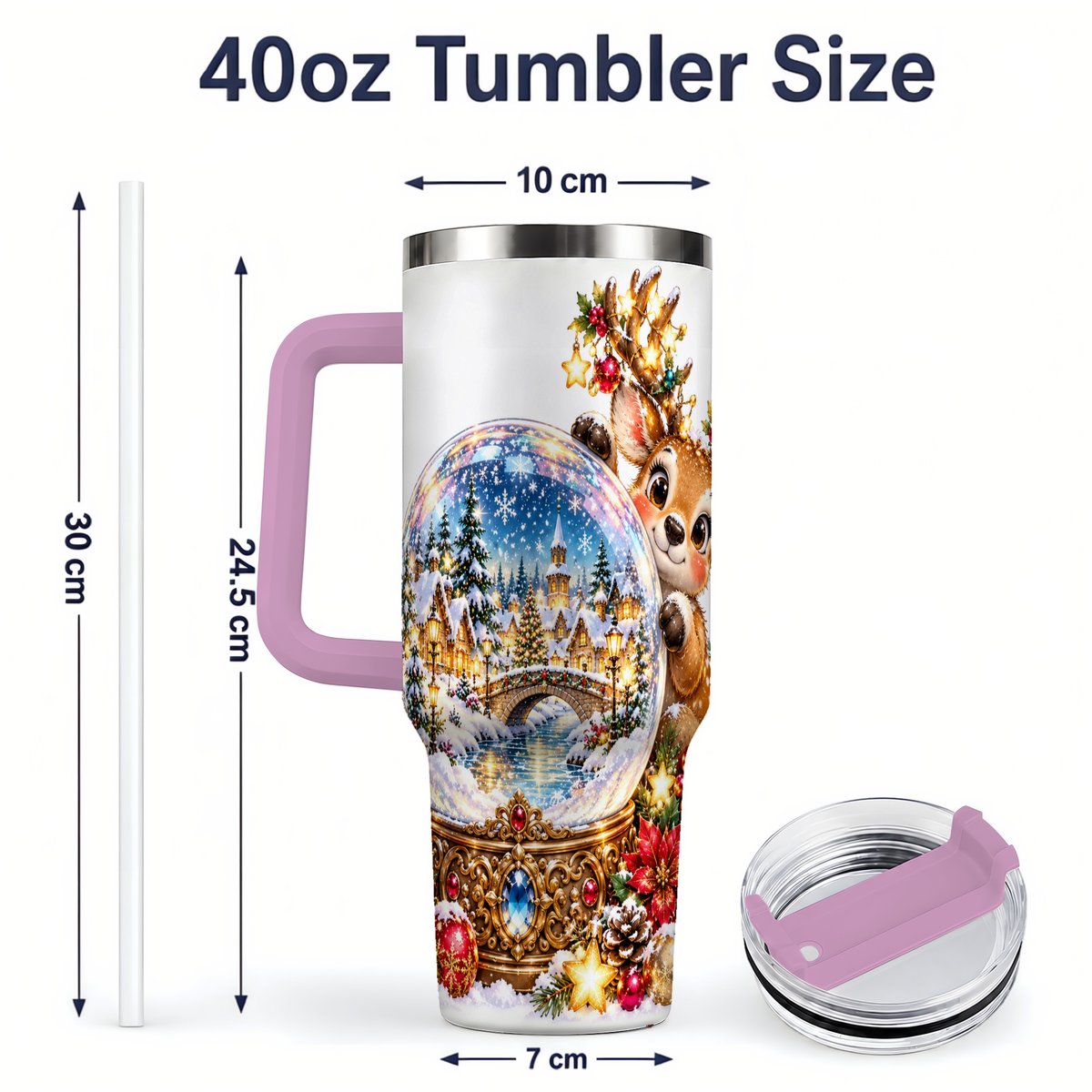 #pl[40oz|Pink] Reindeer Snow Globe Tumbler 40oz, Christmas Village Art