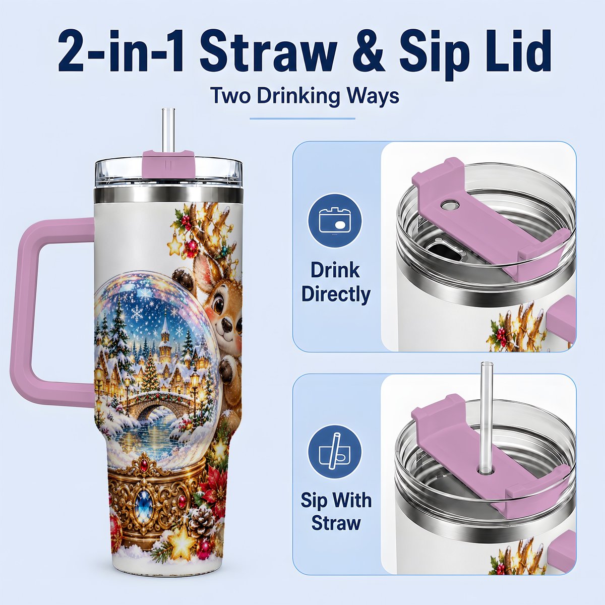 #pl[40oz|Pink] Reindeer Snow Globe Tumbler 40oz, Christmas Village Art
