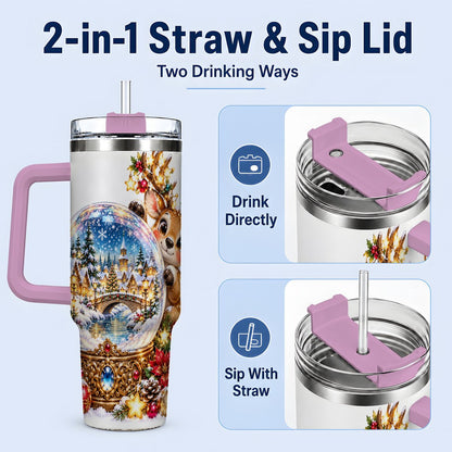#pl[40oz|Pink] Reindeer Snow Globe Tumbler 40oz, Christmas Village Art