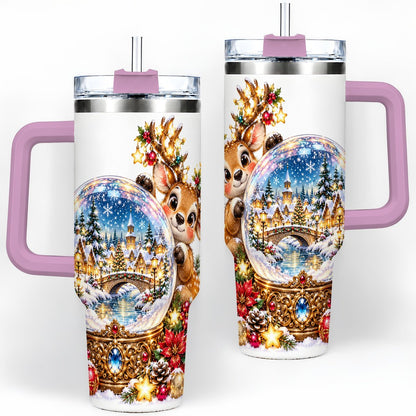 #pl[40oz|Pink] Reindeer Snow Globe Tumbler 40oz, Christmas Village Art