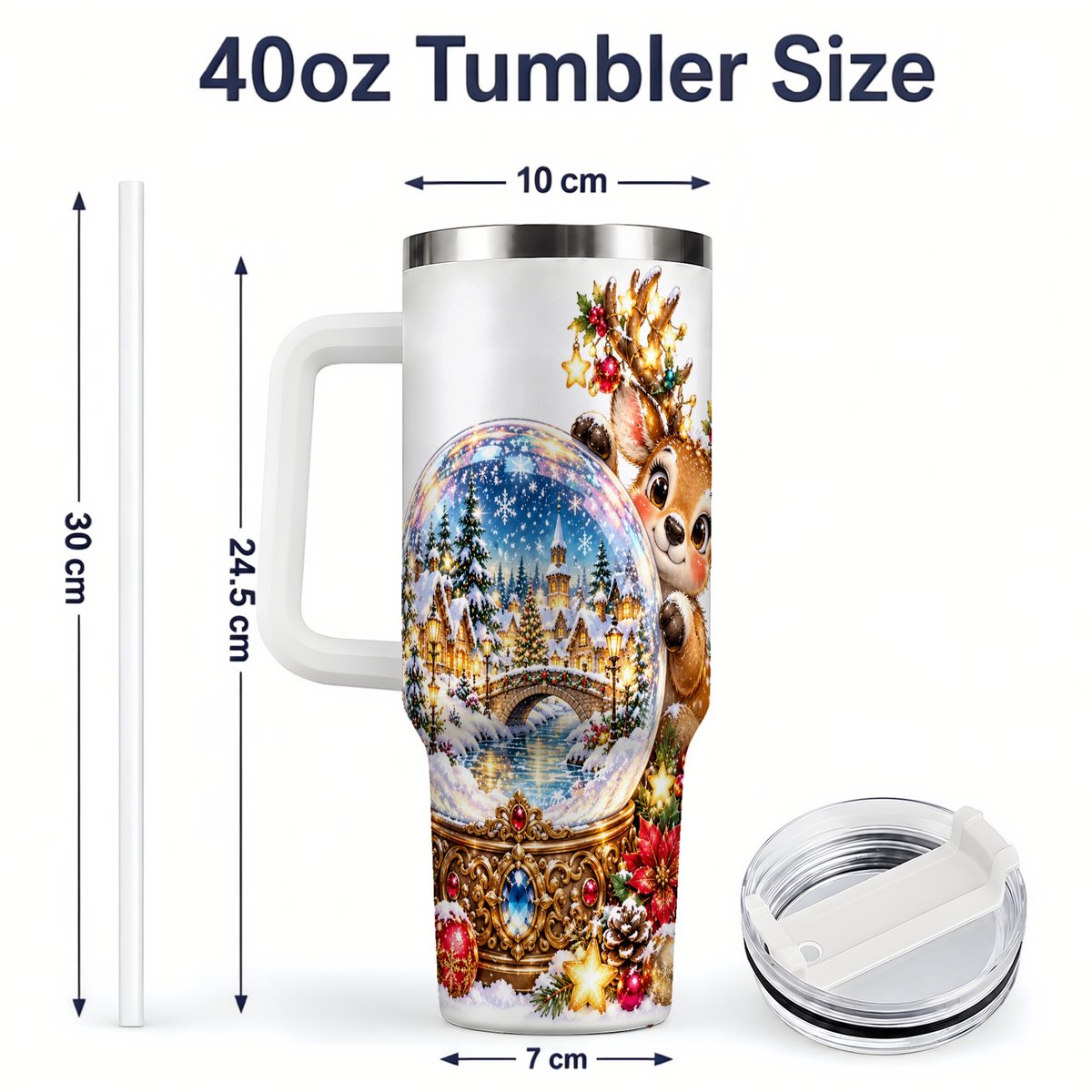 #pl[40oz|White] Reindeer Snow Globe Tumbler 40oz, Christmas Village Art