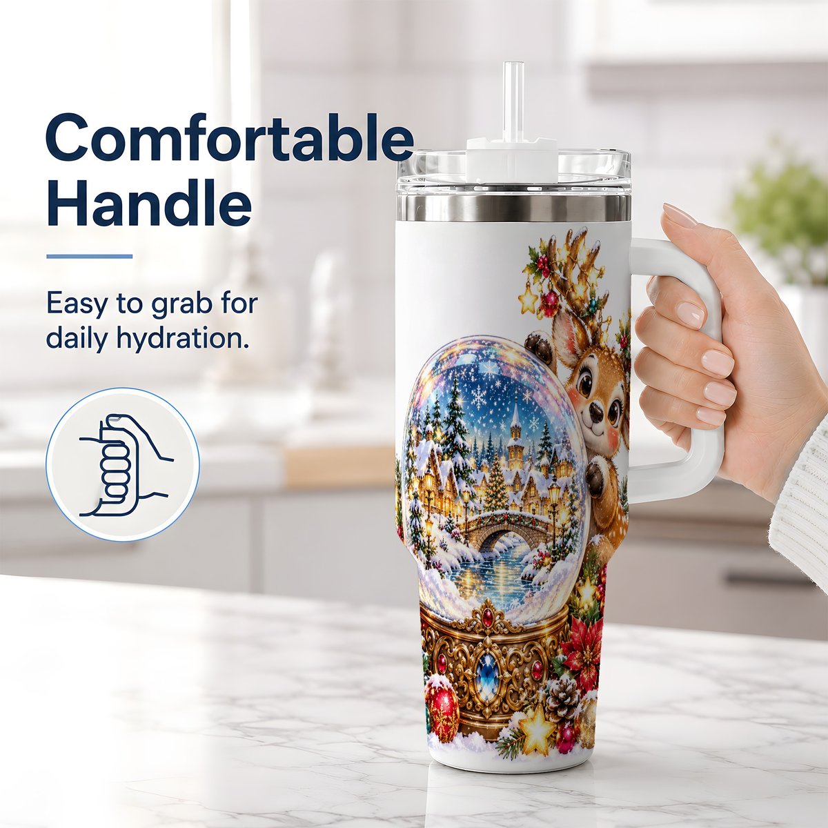 #pl[40oz|White] Reindeer Snow Globe Tumbler 40oz, Christmas Village Art