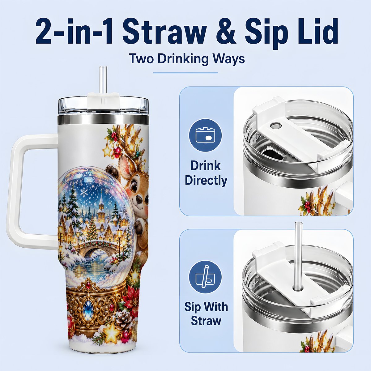 #pl[40oz|White] Reindeer Snow Globe Tumbler 40oz, Christmas Village Art