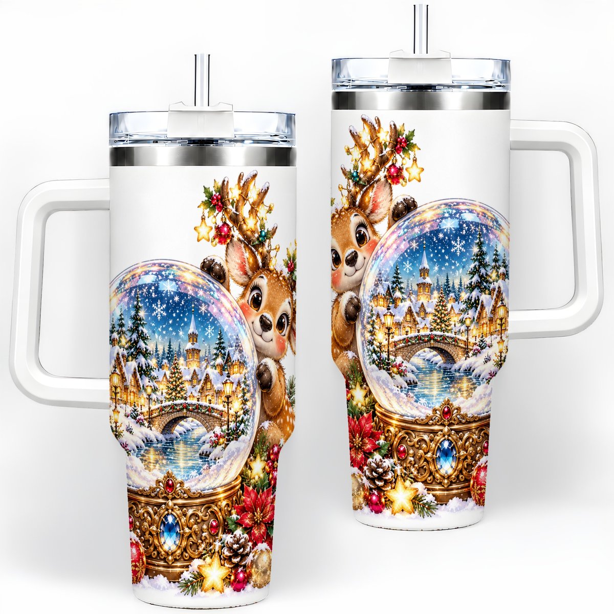 Reindeer Snow Globe Tumbler 40oz, Christmas Village Art