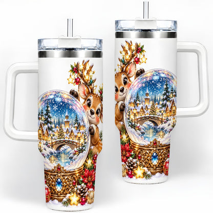 Reindeer Snow Globe Tumbler 40oz, Christmas Village Art
