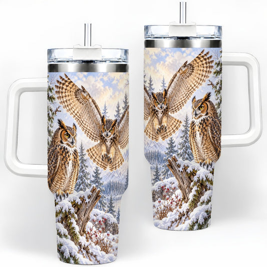 Great Horned Owls Tumbler 40oz, Snowy Woodland Landscape