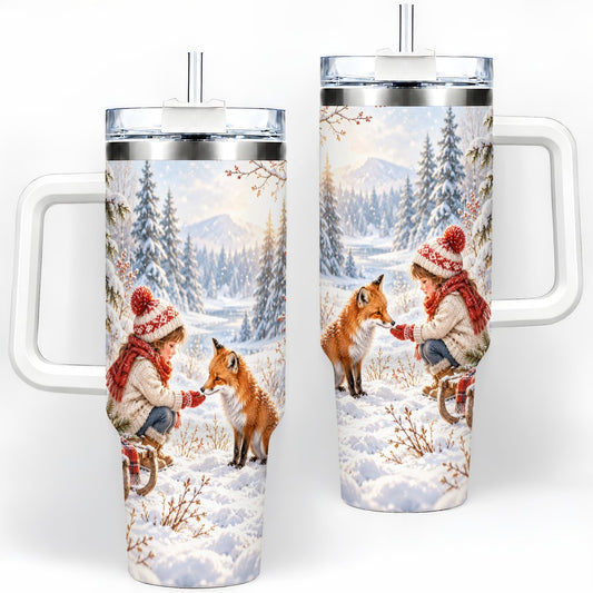 Winter Girl and Fox Tumbler 40oz, Snowy Nature Artwork