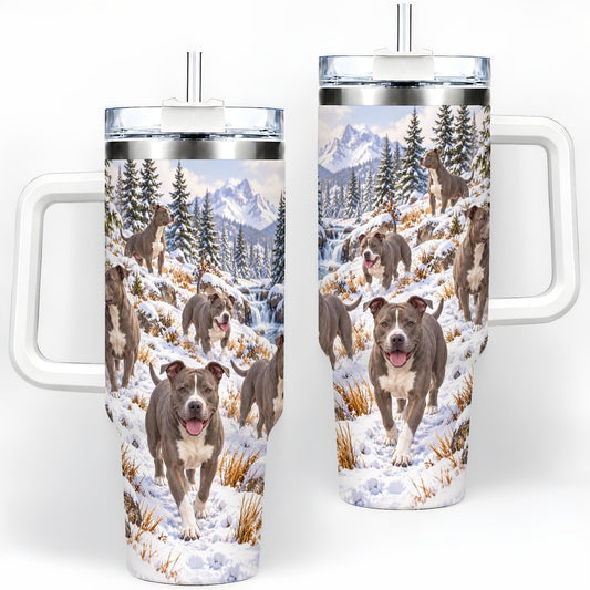 Five Pit Bull Dogs Tumbler 40oz, Snowy Alpine Landscape