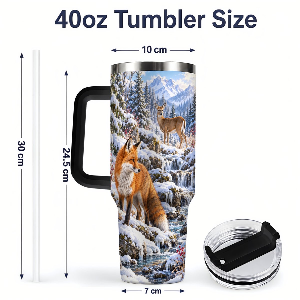 #pl[40oz|Black] Fox and Woodland Animals Tumbler 40oz, Winter Forest Art