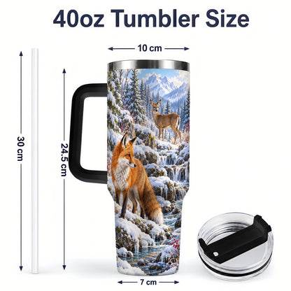 #pl[40oz|Black] Fox and Woodland Animals Tumbler 40oz, Winter Forest Art