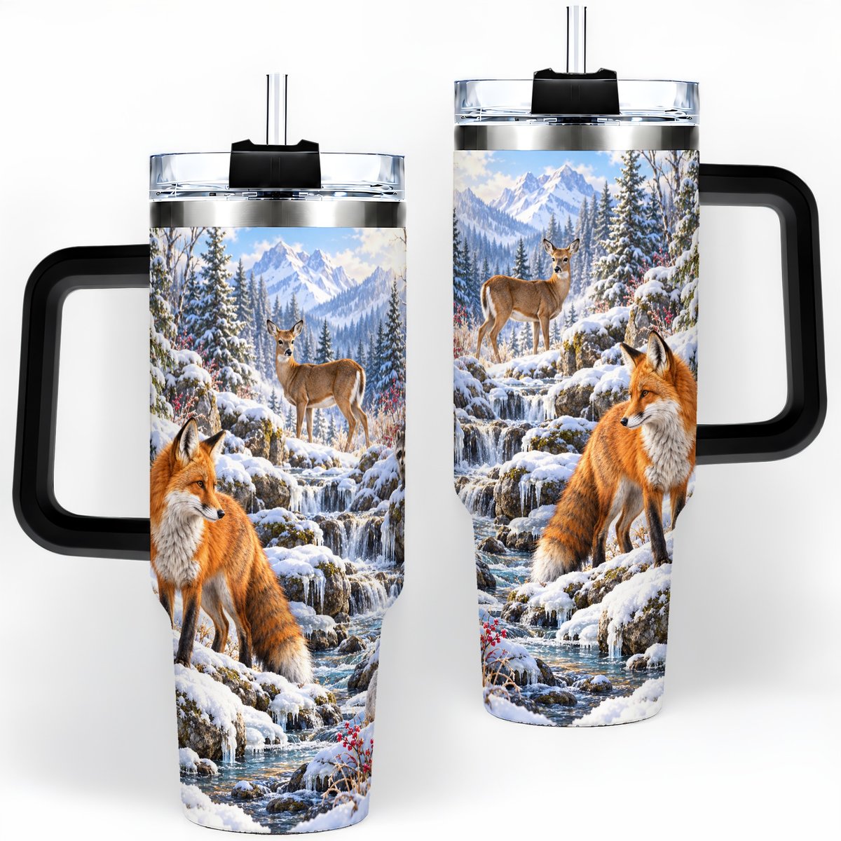 #pl[40oz|Black] Fox and Woodland Animals Tumbler 40oz, Winter Forest Art