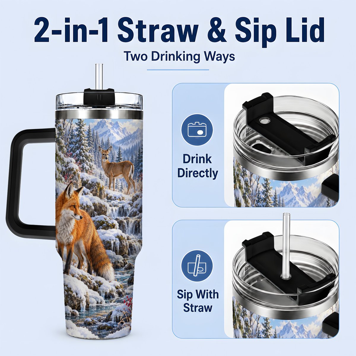 #pl[40oz|Black] Fox and Woodland Animals Tumbler 40oz, Winter Forest Art