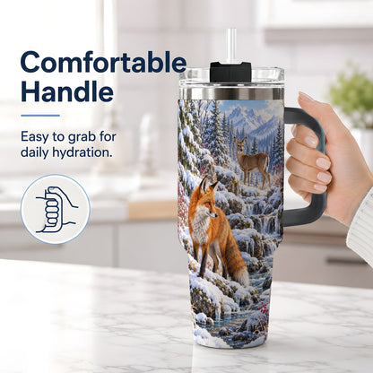#pl[40oz|Black] Fox and Woodland Animals Tumbler 40oz, Winter Forest Art