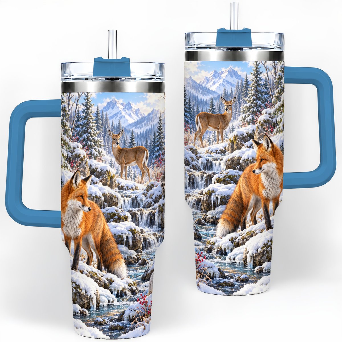 #pl[40oz|Blue] Fox and Woodland Animals Tumbler 40oz, Winter Forest Art