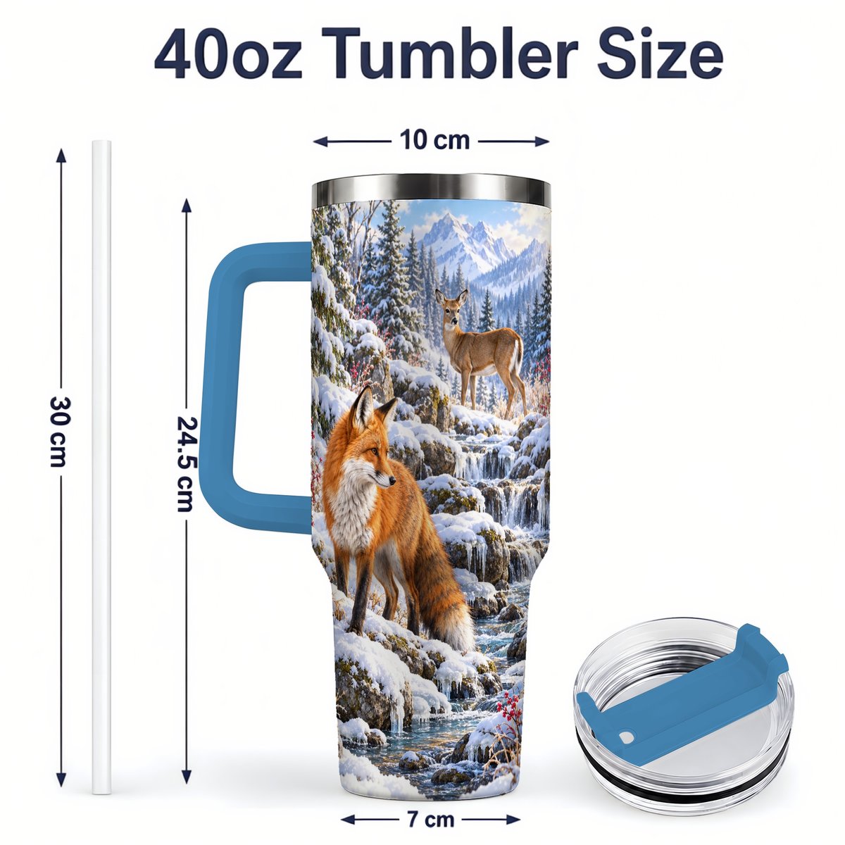 #pl[40oz|Blue] Fox and Woodland Animals Tumbler 40oz, Winter Forest Art