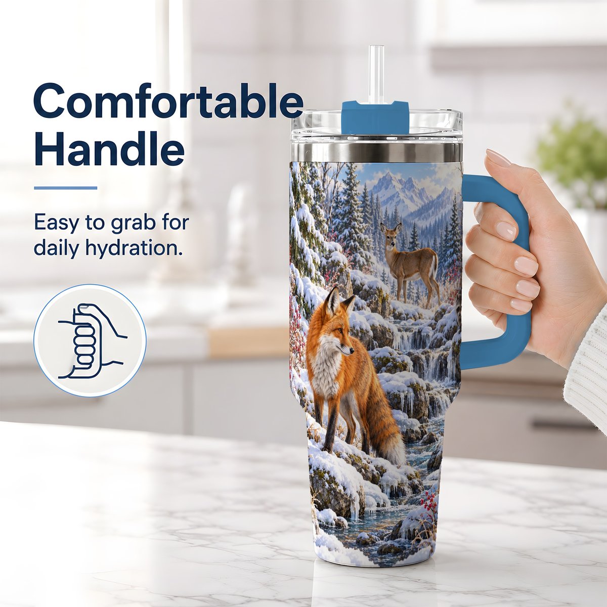 #pl[40oz|Blue] Fox and Woodland Animals Tumbler 40oz, Winter Forest Art